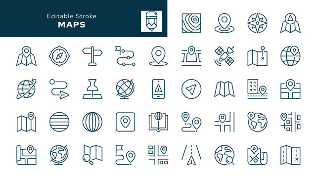 Maps. Map pin, location, navagation, gps, locate, street map, roadmaps, address, road navigation, push pin, geolocation. Set of outline icons. Line icon in linear style. Vector collection	