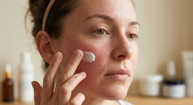 Woman applying medicated cream to red irritated skin
