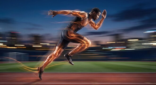 Male runner with muscle energy visualization in motion blur