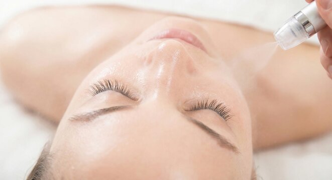 Woman receiving oxygen mist facial skincare treatment