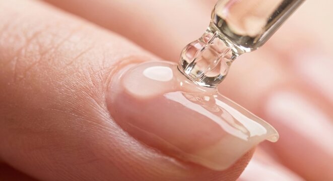 Applying nourishing oil to fingernail cuticle close-up