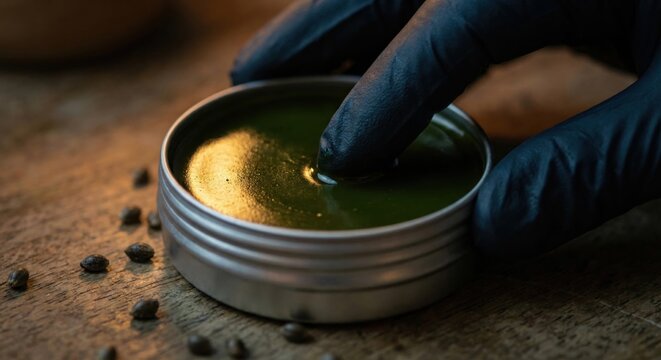 Hand in glove pressing into green hemp seed oil balm