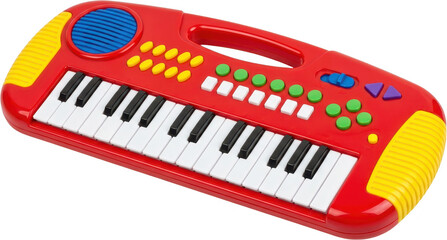 Fototapeta premium Brightly colored red electronic keyboard toy with white and black keys colorful buttons and yellow end pieces 189 characters music instrument child children kids play learning