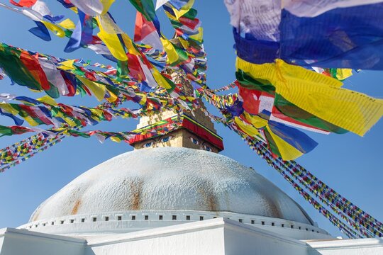 Boudhanath stupa prayer flags Kathmandu buddhism Nepal