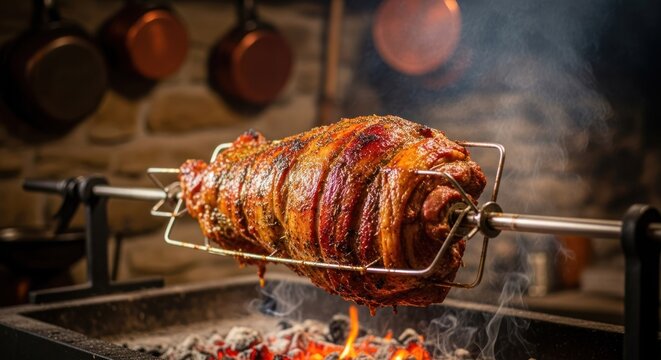 A large, roasted meat chunk twirling on a spit above glowing embers, in a rustic kitchen