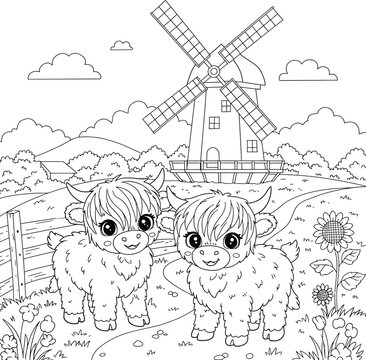 Cute Highland Cow and Windmill Farm Coloring Pages for Kids