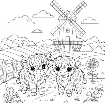 Cute Highland Cow and Windmill Farm Coloring Pages for Kids