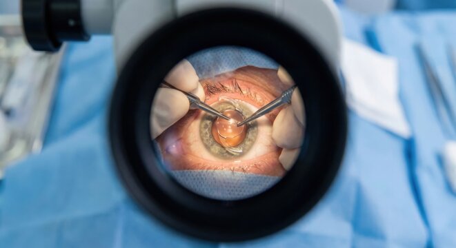 Surgeon placing intraocular lens during cataract surgery