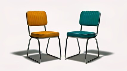 Obraz premium Mid Century Modern Retro Tech Bar Chairs Yellow Turquoise Leather Seats Chrome Frame White Background.jpg