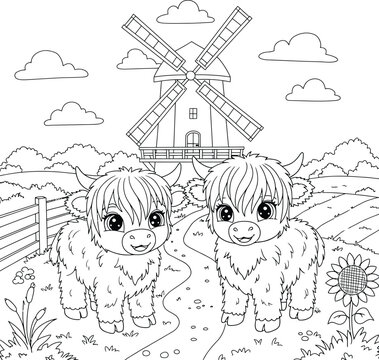 Cute Highland Cow and Windmill Farm Coloring Pages for Kids