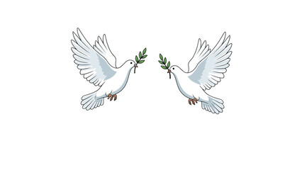 Fototapeta premium Symbolic illustration of two white doves flying towards each other carrying green olive branches as a sign of peace and hope.