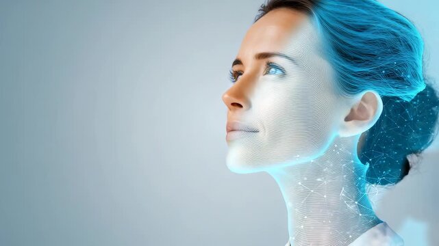 Portrait of a confident woman looking up with a futuristic digital network overlay on her neck and shoulders. Modern technology and human connection concept in a bright, minimalistic setting