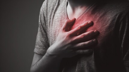 Obraz premium The person clutching their chest in a dramatic close-up with red glow conveying discomfort