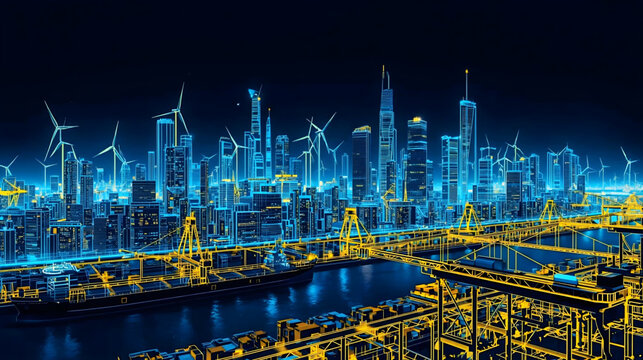 Industrial cityscape with wind turbines, cargo ships, cranes, and buildings outlined in yellow and blue lines on a dark blue background, showcasing a blend of renewable energy and industrial infra