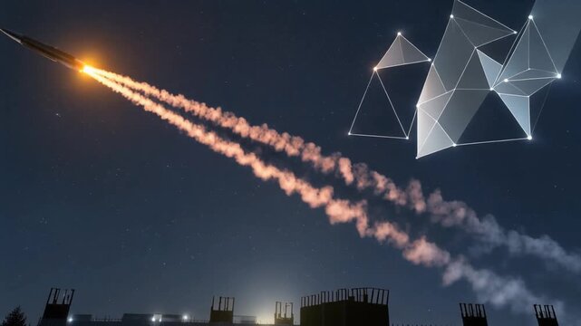 Conceptual visualization of advanced missile defense technology intercepting airborne threats in high altitude sky.