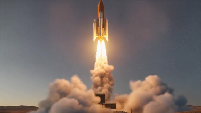 Cinematic concept of a generic ballistic missile launching into the sky representing global security technology and strategic defense systems.