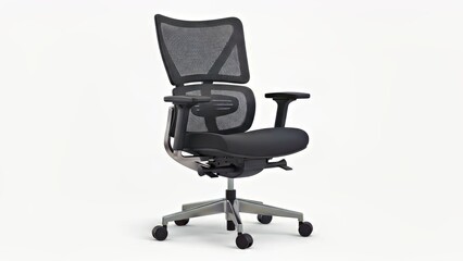 Fototapeta premium Modern Black Ergonomic Office Chair With Adjustable Armrests and Headrest.jpg