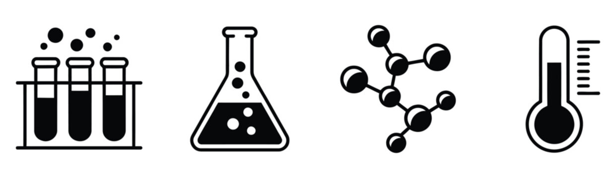 Science vector icons set, lab equipment illustration, chemistry icon and research symbol collection, including beakers