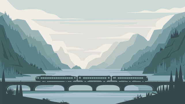 A train crosses a bridge over a serene lake surrounded by majestic mountains and lush forests under a cloudy sky.