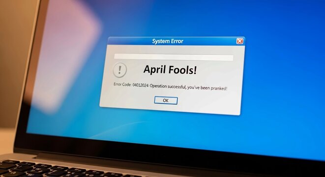 A laptop screen displays a humorous system error message on April Fools' Day