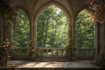 Fototapeta premium Gothic archway overlooking lush forest