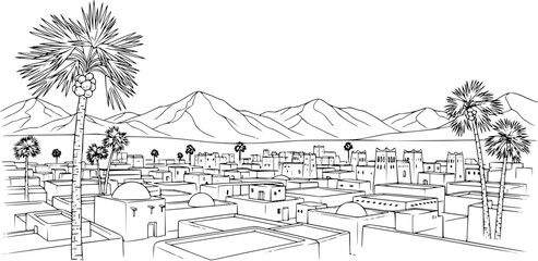 Fototapeta premium Sketch of a desert village with mountains and palm tree 