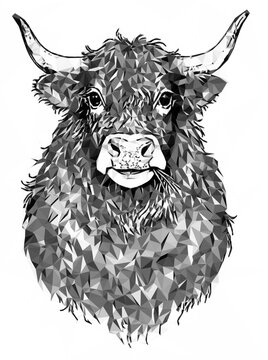 Longhorn, Highland Cow, als Low Poly Illustration auf wei&szlig;em Hintergrund. Grau- und Schwarzt&ouml;ne zeigen das zottelige Fell und lange H&ouml;rner. Es kaut Grashalme. 