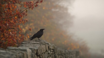Fototapeta premium Black crow sitting on stone wall in autumn forest. Misty landscape with orange leaves on tree branch. Atmospheric wildlife scene during fall season. Concept of mystery, nature and silence.