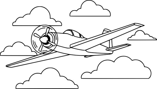 Simple Outline of a Propeller Airplane Flying Among Clouds
