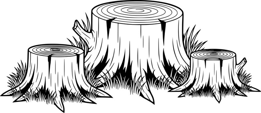 Three cartoon tree stumps of varying sizes with grass
