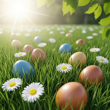 Easter eggs hidden in green grass with daisies on sunny day