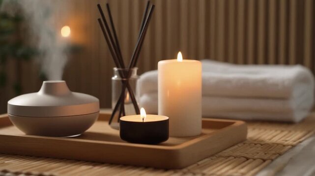 Relaxing Aromatherapy Setup with Diffuser, Candles, and Spa Elements
