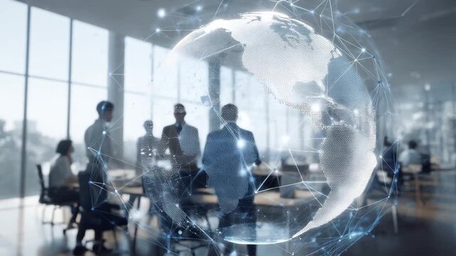 Global Vision: A business team collaborates in a modern office, the world at their fingertips as they strategize for global expansion and future success.