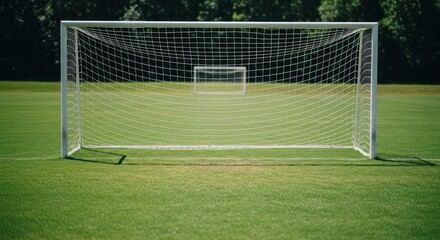 Fototapeta premium A white soccer goal stands on vibrant green grass, another goal in the background