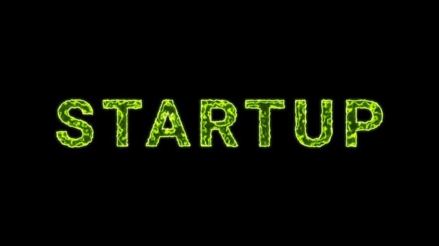 Startup Text Glowing Neon Green Energy Animation Isolated On Black Background