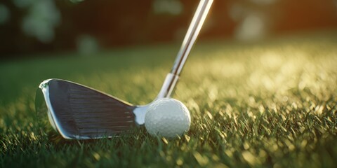 The Golf Ball and Iron Club on Dewy Grass at Sunrise Golf Course