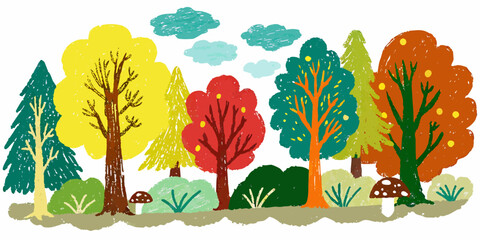 Colorful illustration depicting a forest with trees and mushrooms © Rakesh