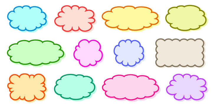 雲形　枠　素材　セット　吹き出し　ふわふわ　もこもこ　ポップ　シンプル　あしらい　見出し　タイトル　飾り　シール　スタンプ　おしゃれ　sale stickers,price stickers,tags.Colorful cloud-shaped frame set. Speech bubble