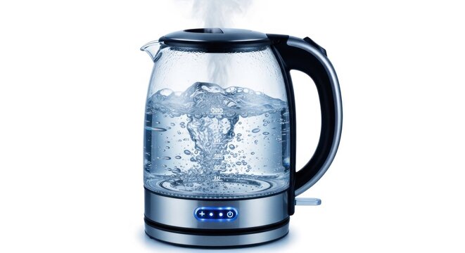 Electric glass kettle boiling water; vapor escapes, digital display, isolated on white background