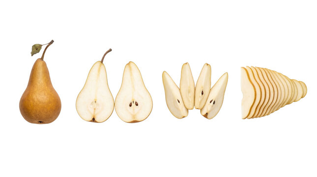 Isolated image of a Bere Bosc pear, whole and sliced, demonstrating various stages of preparation on a transparent background, ideal for culinary and educational content.