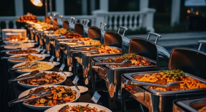 Buffet table set outside; various dishes served in chafing dishes & platters
