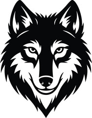 Fototapeta premium Stylized black and white vector graphic depicting a detailed wolf head mascot design isolated against a pure white background for graphic use.