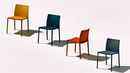 Obraz premium Modern Plastic Chairs Vibrant Colors Office Home Seating Angled Arrangement Minimalist White Background.jpg