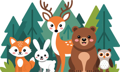 Naklejka premium A group of five cute woodland animals including a deer, fox, rabbit, bear, and owl stand together against a background of simplified green evergreen forest trees.