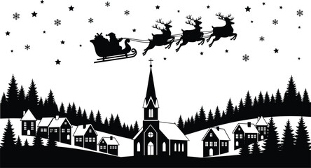 Christmas village silhouette vector illustration, Santa Claus sleigh with flying reindeer over snowy town, winter holiday night scene with church, trees and stars © Hello World