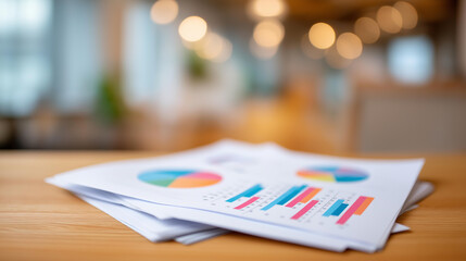 Printed financial documents with colorful pie charts, bar graphs, and highlighted statistics spread across a well-lit office desk, defocused warm office interior behind, financial document