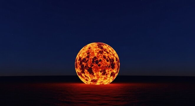 Glowing orb of molten fire floats on a sea of fire under a starry night sky
