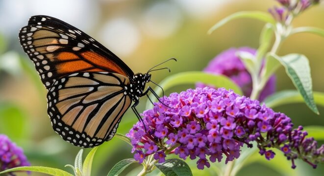 A monarch butterfly is perched on a cluster of purple flowers, its wings spread wide as it drinks nectar from the blossoms.