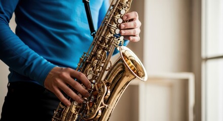 Obraz premium Man playing saxophone in indoor setting with blurred background