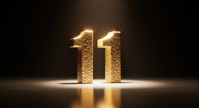 Golden number "11" illuminated against a dark background with light rays and particles